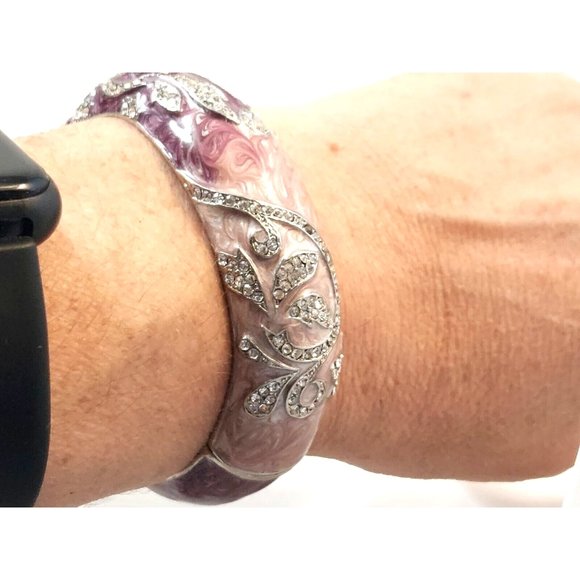 CRYSTAL STUDDED HINGED BANGLE BRACELET  PINK ENAMEL USA - Picture 6 of 7